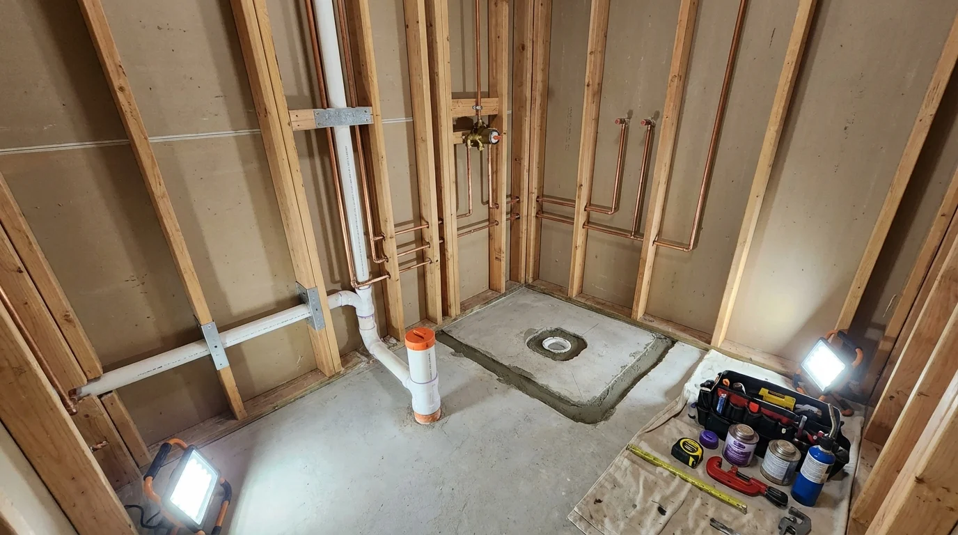 Bathroom rough-in plumbing during remodel by Johns Plumbing LLC in Barnegat