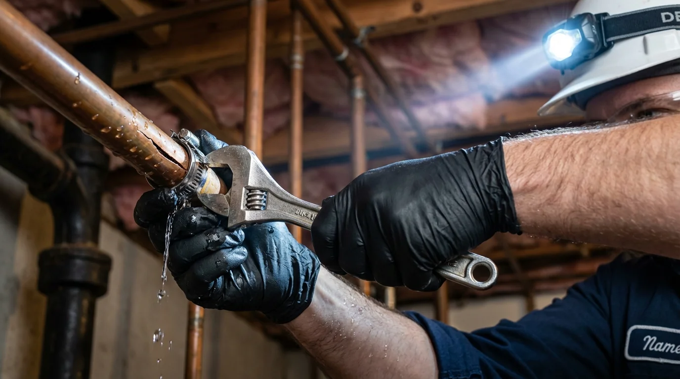 Emergency pipe clamp repair being performed by a Johns Plumbing LLC plumber in Barnegat