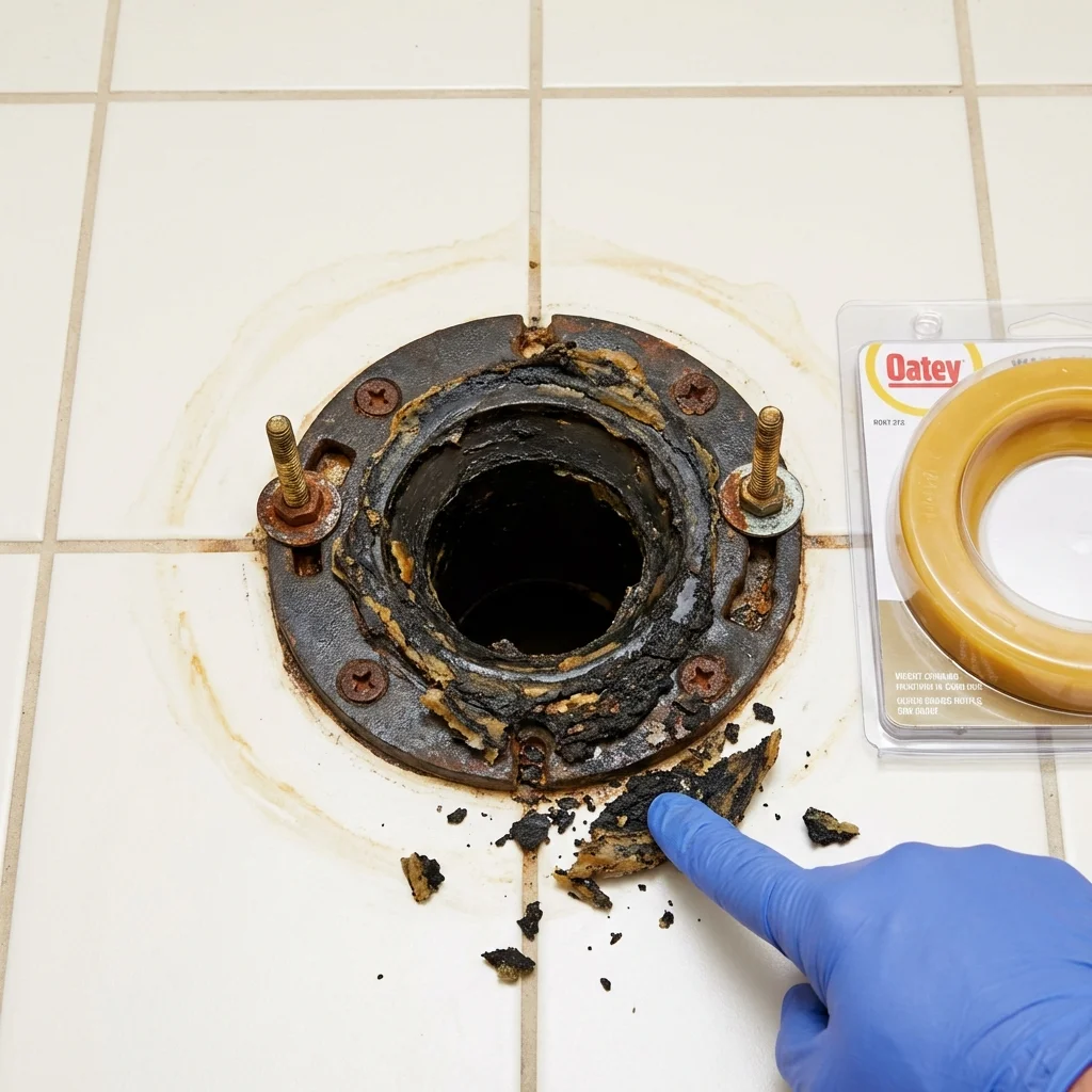 Failed wax ring showing water seepage at the base of a toilet in a Barnegat, NJ home