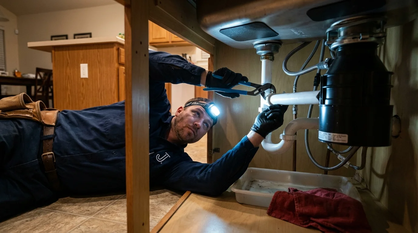 P-trap and supply line connections under a kitchen sink showing a common leak point in Barnegat, NJ